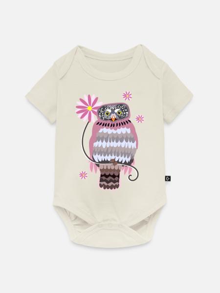 Eule mit Blumen - Baby Premium Kurzarmbody - Naturweiß
