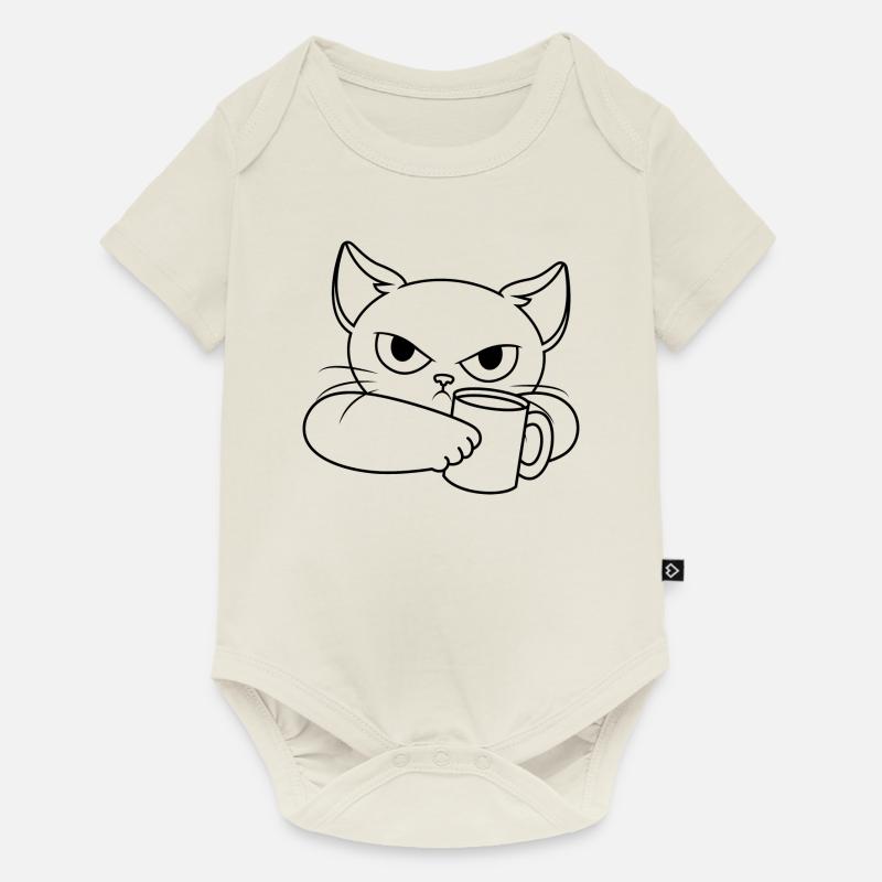 Chat de mauvaise humeur avec tasse - Body à manches courtes Premium Bébé - blanc cassé