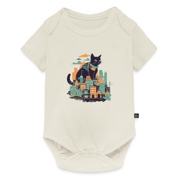 Chat noir assis devant une ville colorée - Body à manches courtes Premium Bébé - blanc cassé - Devant