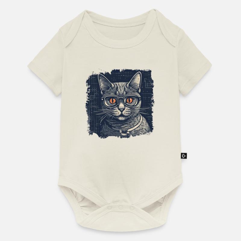 Chat ringard avec des lunettes et des yeux orange - Body à manches courtes Premium Bébé - blanc cassé