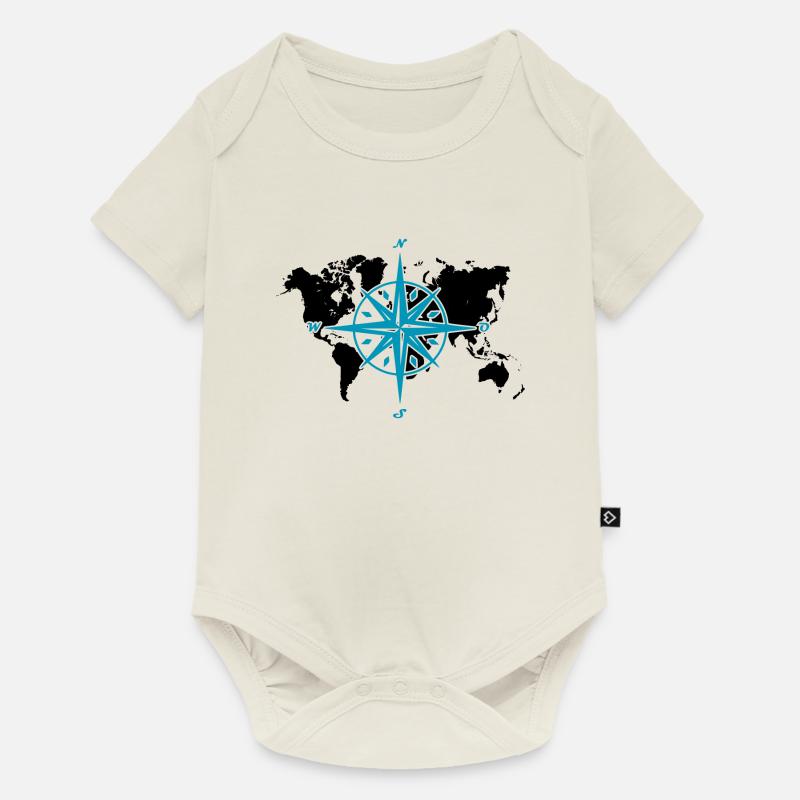 Windrose oder Kompassrose mit schwarzer Weltkarte - Baby Premium Kurzarmbody - Naturweiß