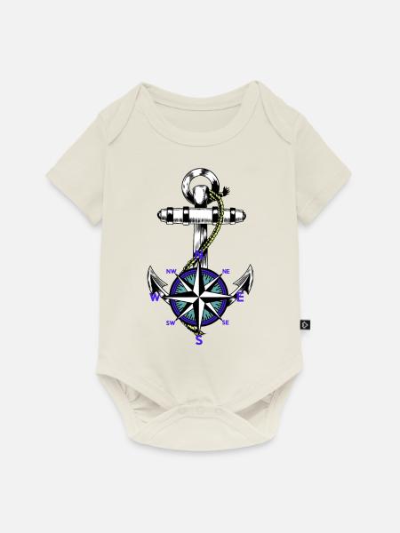 Anker Nautik Maritim Seemann Kompass Ahoi - Baby Premium Kurzarmbody - Naturweiß