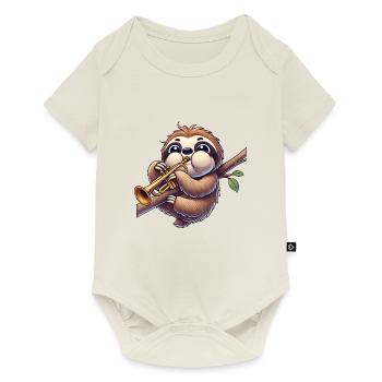 paresseux jouant de la trompette drôle musicien de dessin animé - Body à manches courtes Premium Bébé - blanc cassé - Devant
