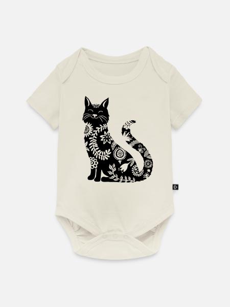 schwarze Katze mit Blumenmuster - Baby Premium Kurzarmbody - Naturweiß