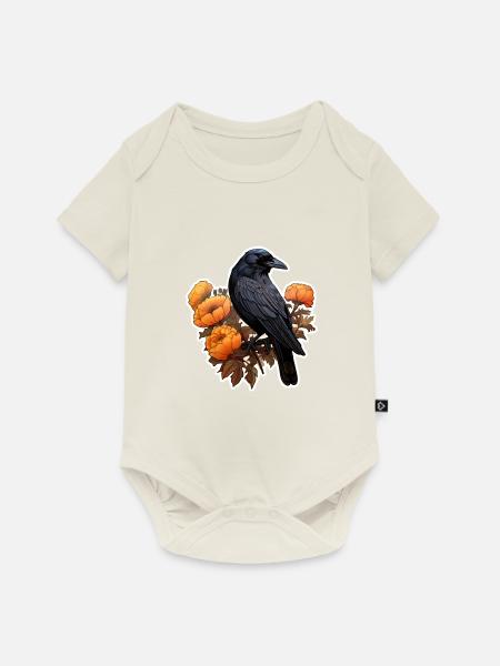 Krähe auf Blumenbusch Halloween Herbst - Baby Premium Kurzarmbody - Naturweiß