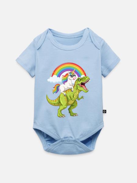 Einhorn reitet auf T-Rex unter Regenbogen - Baby Premium Kurzarmbody - Hellblau