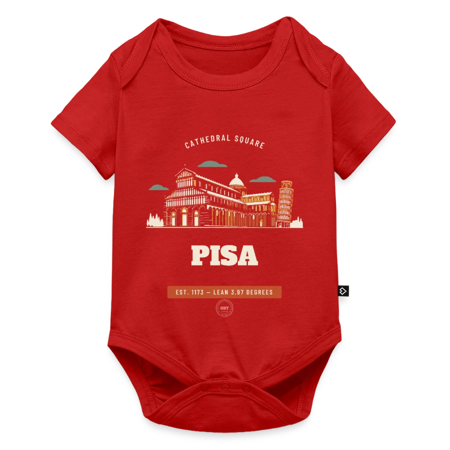Pisa badge on a baby premium short-sleeve bodysuit, red, front