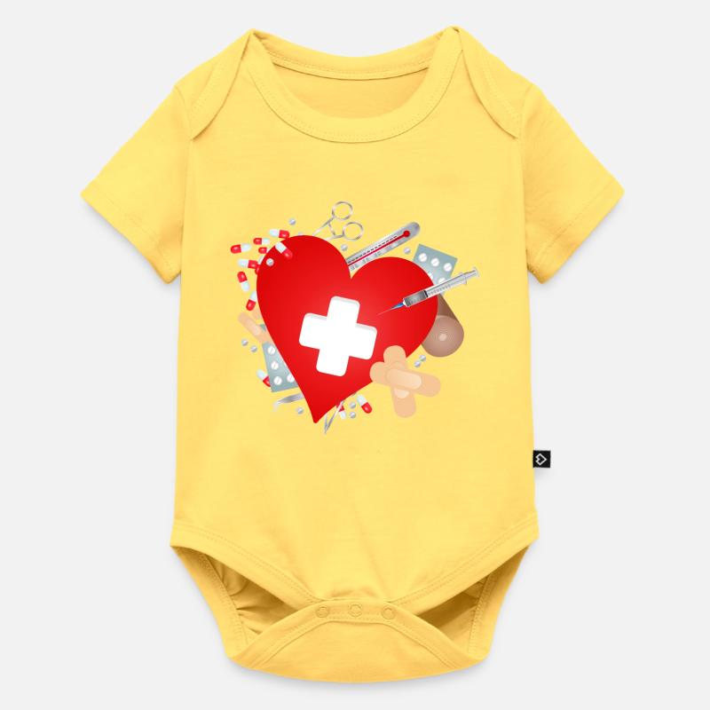 Erste Hilfe Set oder Reiseapotheke mit Herz - Baby Premium Kurzarmbody - Pastellgelb
