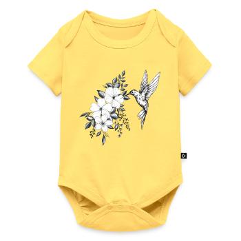 fleurs de cerisier et hibiscus, petit oiseau colib - Body à manches courtes Premium Bébé - jaune pastel - Devant