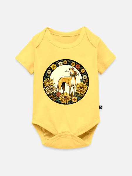 Eleganter Windhund mit Blumenrahmen - Baby Premium Kurzarmbody - Pastellgelb
