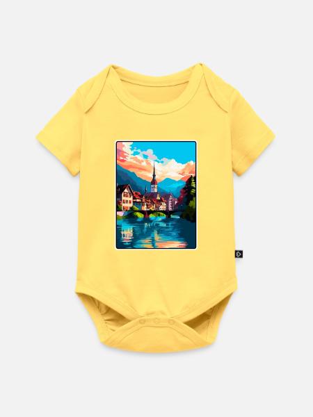 Thun Schweiz Alpine Riverside Stadtbild Poster - Baby Premium Kurzarmbody - Pastellgelb