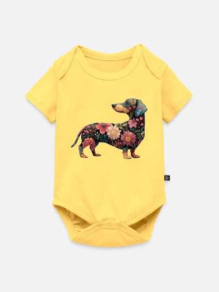 Dackel Dachshund Floral Blumen - Baby Premium Kurzarmbody - Pastellgelb