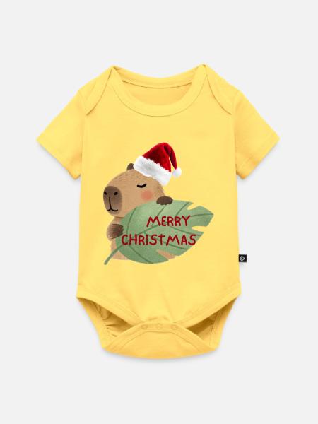 Weihnachtsbär mit Blattgruß - Baby Premium Kurzarmbody - Pastellgelb