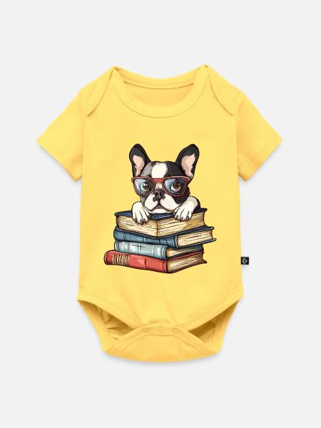 Süßes Boston-Terrier-Hundelesebuch mit Brille - Baby Premium Kurzarmbody - Pastellgelb