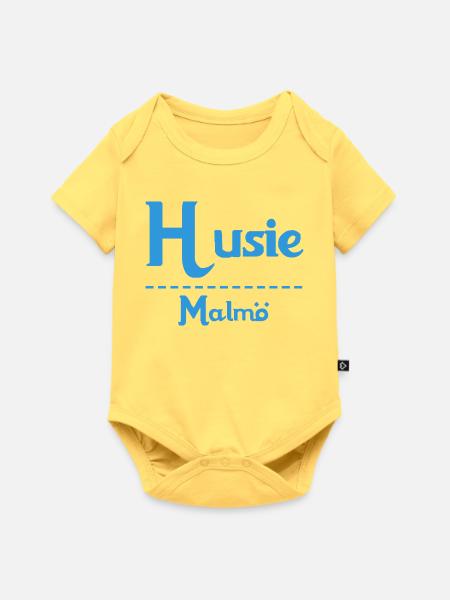 Husie – Malmö Himmelblau-Design - Baby Premium Kurzarmbody - Pastellgelb