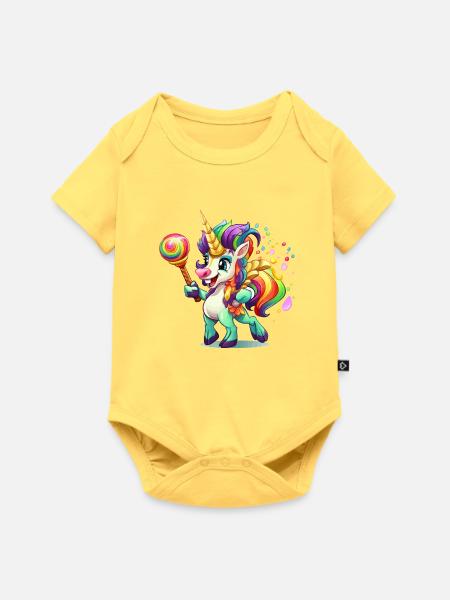 Buntes Einhorn mit Lolly - Baby Premium Kurzarmbody - Pastellgelb