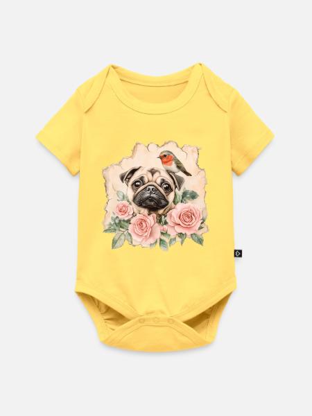 Mops und Rotkehlchen - Baby Premium Kurzarmbody - Pastellgelb