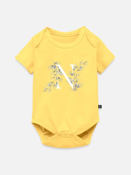 Blaues Floral N Monogramm - Baby Premium Kurzarmbody - Pastellgelb