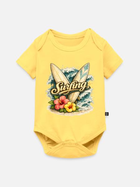 Surfing mit Welle und Hibiskusblüten - Baby Premium Kurzarmbody - Pastellgelb