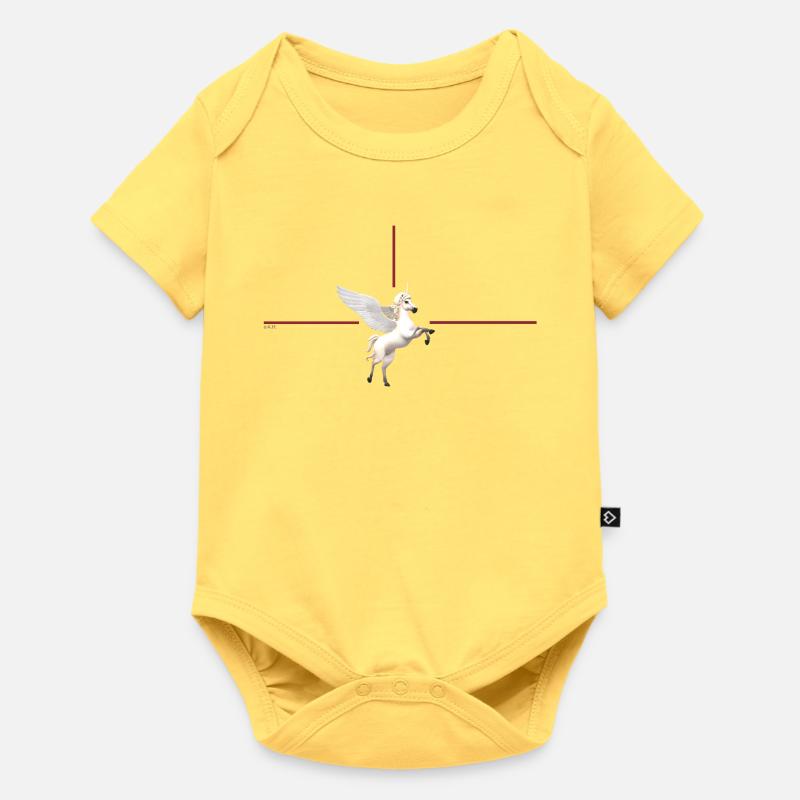 Licorne ailée devant des lignes rouges - Body à manches courtes Premium Bébé - jaune pastel