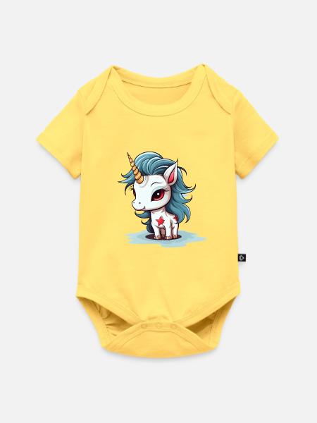 Blauhaariges Einhorn mit Sternen - Baby Premium Kurzarmbody - Pastellgelb