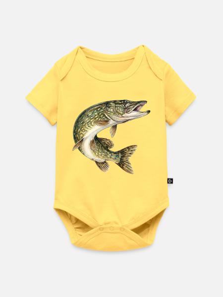 Hecht im Sprung – detaillierte Fischillustration - Baby Premium Kurzarmbody - Pastellgelb