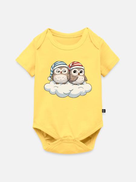 Wolkenduo Eulen mit Zipfelmützen - Baby Premium Kurzarmbody - Pastellgelb