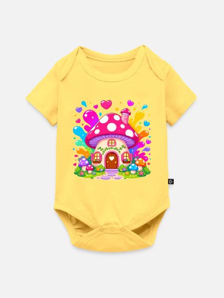 Buntes Pilzhaus Zauber - Baby Premium Kurzarmbody - Pastellgelb