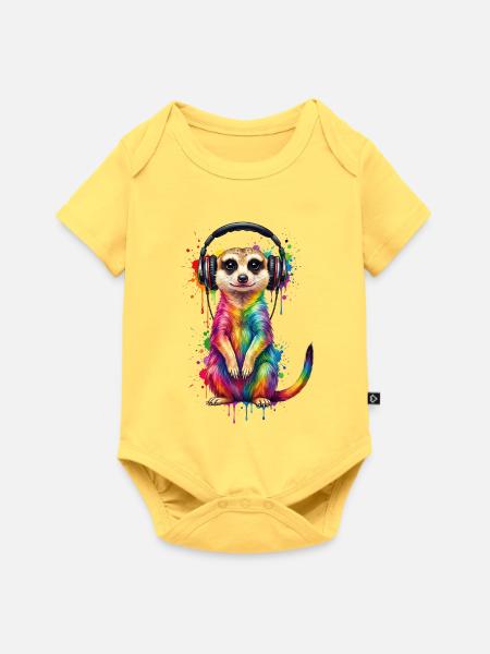 Regenbogen buntes Erdmännchen mit Kopfhörern - Baby Premium Kurzarmbody - Pastellgelb
