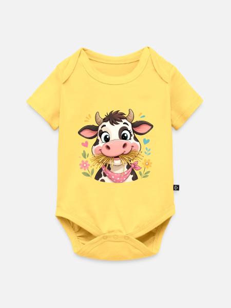 Kuh mit Heu und Blumen - Baby Premium Kurzarmbody - Pastellgelb