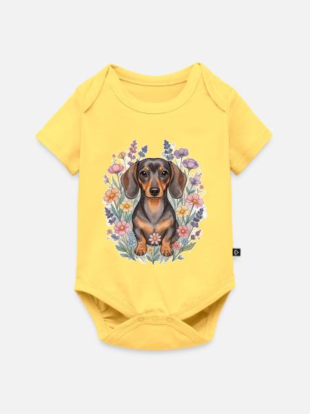 Dackel Wildblumen Aquarell – Botanical Style - Baby Premium Kurzarmbody - Pastellgelb