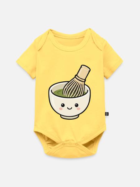 Süße Kawaii-Matcha-Schüssel mit Schneebesen - Baby Premium Kurzarmbody - Pastellgelb