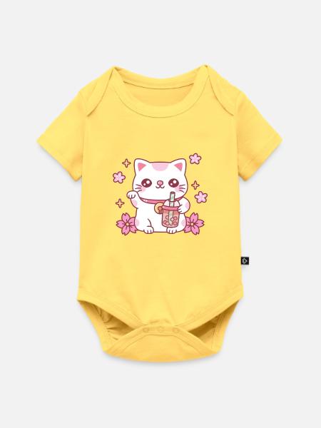 Süße Maneki-Neko-Katze mit rosa Boba-Tee - Baby Premium Kurzarmbody - Pastellgelb
