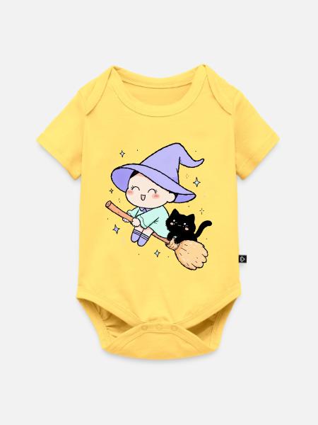 Kleine Hexe mit Katze - Baby Premium Kurzarmbody - Pastellgelb