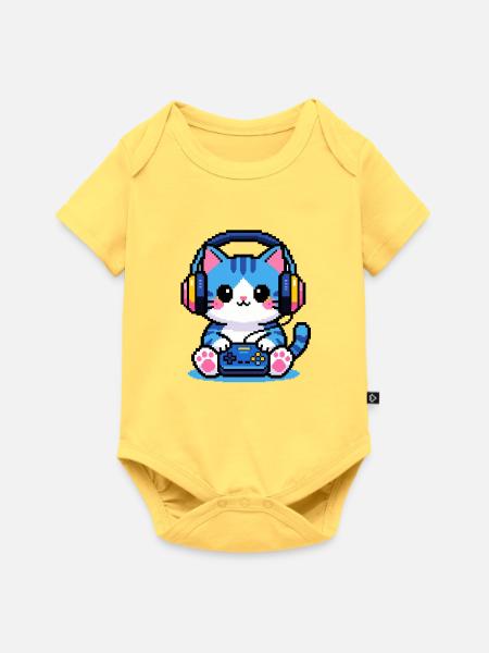 8-Bit Gamer Cat — Retro-Pixelkunst - Baby Premium Kurzarmbody - Pastellgelb