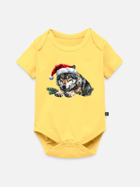 Weihnachtswolf-Weihnachtsmützen-Kunst - Baby Premium Kurzarmbody - Pastellgelb