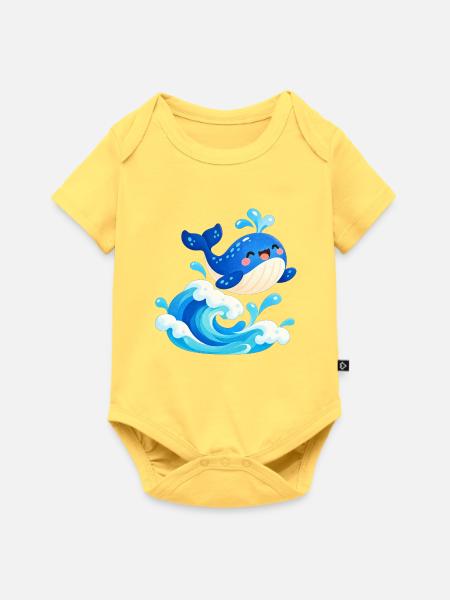 Fröhlicher Blauwal auf Wellen - Baby Premium Kurzarmbody - Pastellgelb