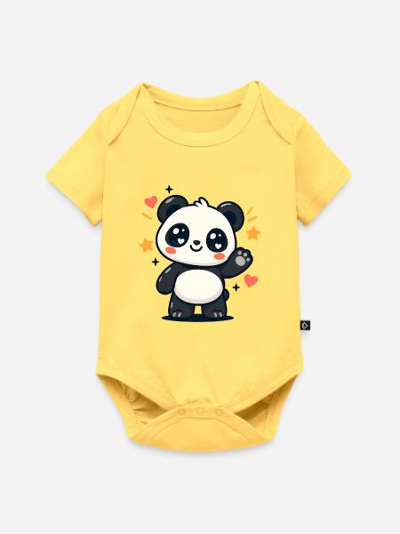 Panda kawaii winkt mit Sternen - Baby Premium Kurzarmbody - Pastellgelb