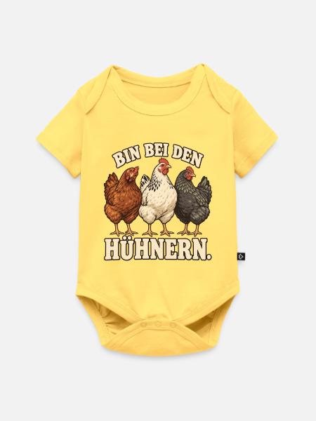 Bin bei den Hühnern – Drei lustige Hennen - Baby Premium Kurzarmbody - Pastellgelb