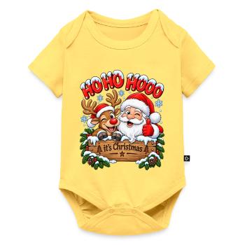 Weihnachtsmann und Rentier Weihnachtszeit Schnee - Baby Premium Kurzarmbody - Pastellgelb - Vorne