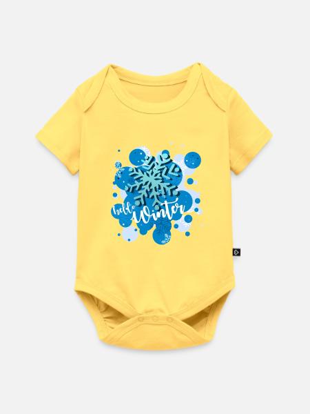 Hello Winter - Schneeflocke in Blau - Baby Premium Kurzarmbody - Pastellgelb