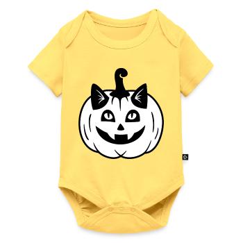 Halloween Katze Kürbiskopf - Schwarz Weiß - Baby Premium Kurzarmbody - Pastellgelb - Vorne