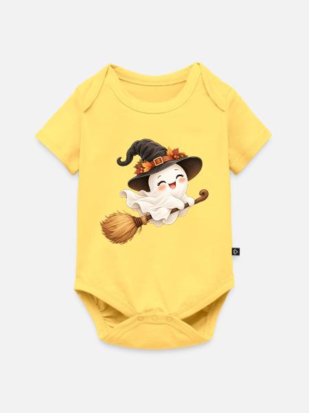 Halloween-Geist auf dem Hexenbesen - Baby Premium Kurzarmbody - Pastellgelb