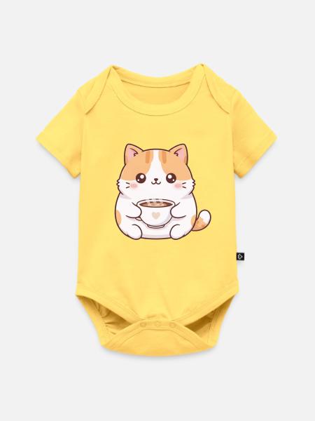 Katze mit Kaffee - Baby Premium Kurzarmbody - Pastellgelb