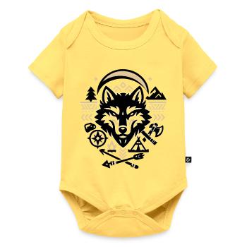 Wolfskopf Tribal Zelten Outdoor Design - Baby Premium Kurzarmbody - Pastellgelb - Vorne