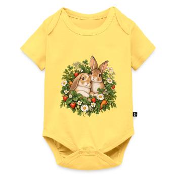 Frühlingskaninchen im Blütenkranz - Baby Premium Kurzarmbody - Pastellgelb - Vorne