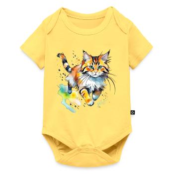 springende  Katze im wasserfarbenlook - Baby Premium Kurzarmbody - Pastellgelb - Vorne