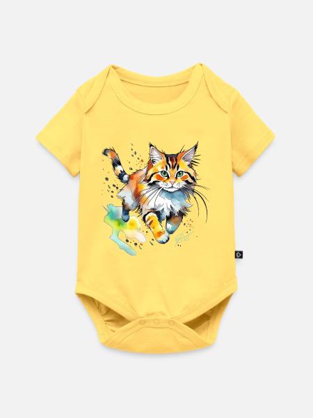 springende  Katze im wasserfarbenlook - Baby Premium Kurzarmbody - Pastellgelb
