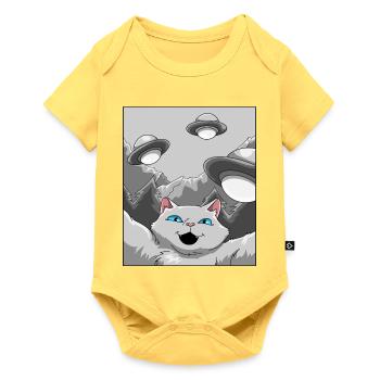 Katze UFO Selfie - Baby Premium Kurzarmbody - Pastellgelb - Vorne