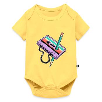 Retro-Kassette mit Stift-Duo - Baby Premium Kurzarmbody - Pastellgelb - Vorne